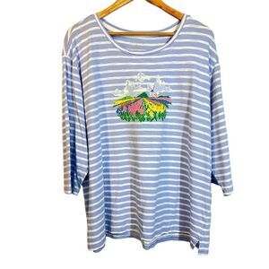 Talbots Plus 3X Blue White Stripe T-Shirt‎ Windmill & Tulips Holland 3/4 Sleeve